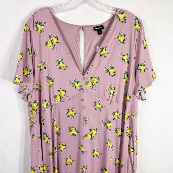 Torrid Plus Size 2X Dress Midi Challis Button Front Dress Mauve Lemon Print 1601 - Picture 9 of 16